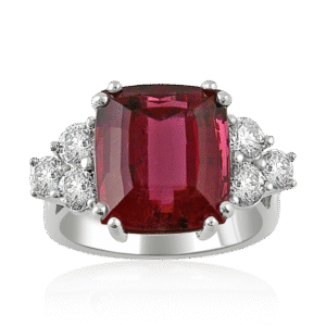 Dark Pink Cushion Cut Tourmaline Ring with Round Diamond Clusters