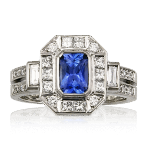 Nicole Radiant Cut Blue Sapphire Ring with Diamond Halo
