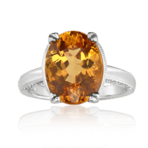 Oval Cut Yellow Beryl Ring with Round Diamonds and Milgrain Detail